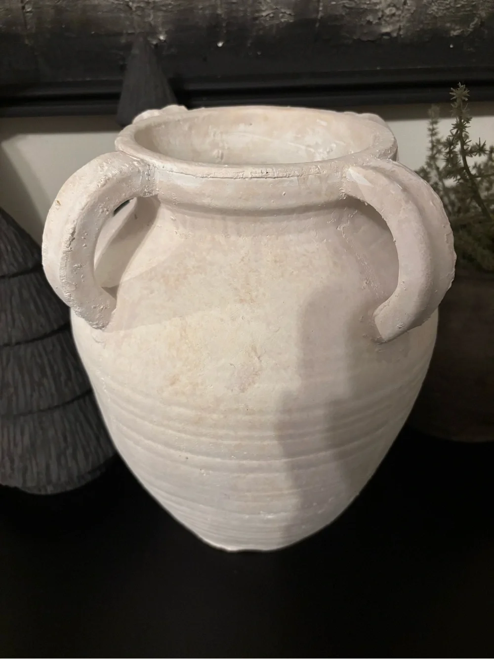Neutral White Vintage Style Four Handle Ribbed Decorative Vase-Large